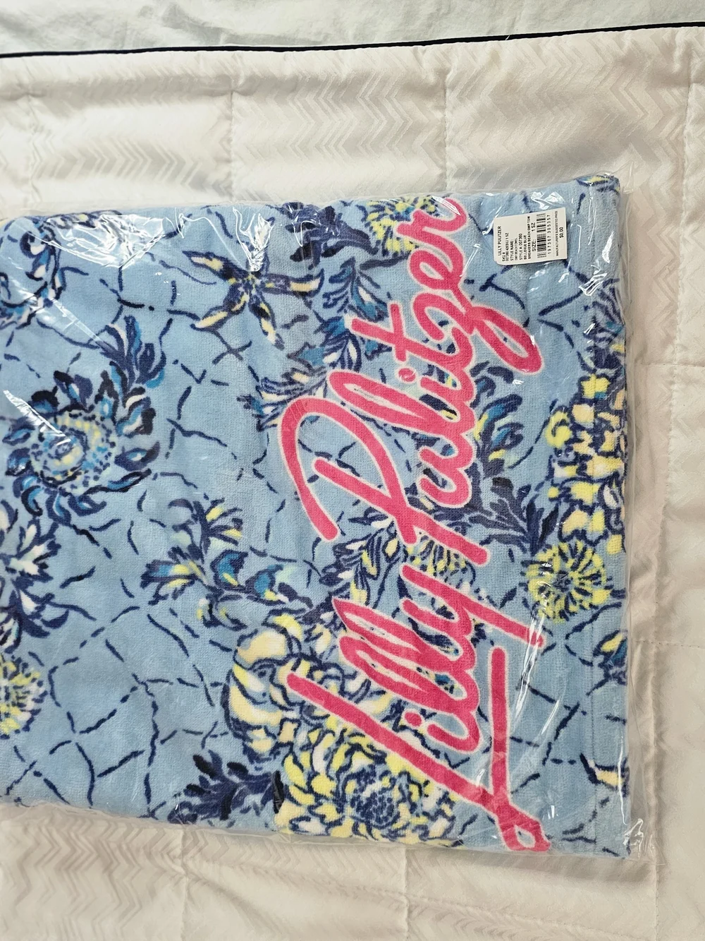 Lilly Pulitzer Blue Floral Beach Towel with Pink Logo